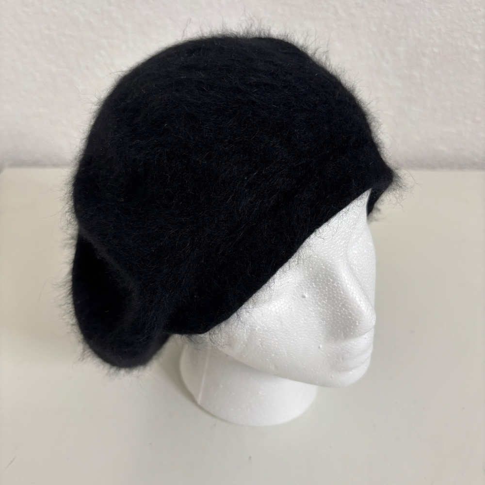 Vintage Black Angora Rabbit Hair Blend Fuzzy Beret Hat Luxurious Artsy Parisian